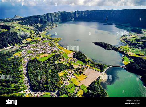 Aerial shot picturesque paradise of Sete Cidades in Azores, Sao Miguel. Volcanic craters and ...