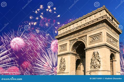 Celebratory Colorful Fireworks Over the Arc De Triomphe, Paris, France Stock Image - Image of ...