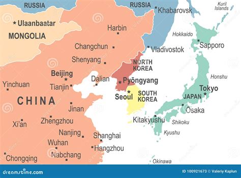 North Korea South Korea Japan China Russia Mongolia Map - Vector ...