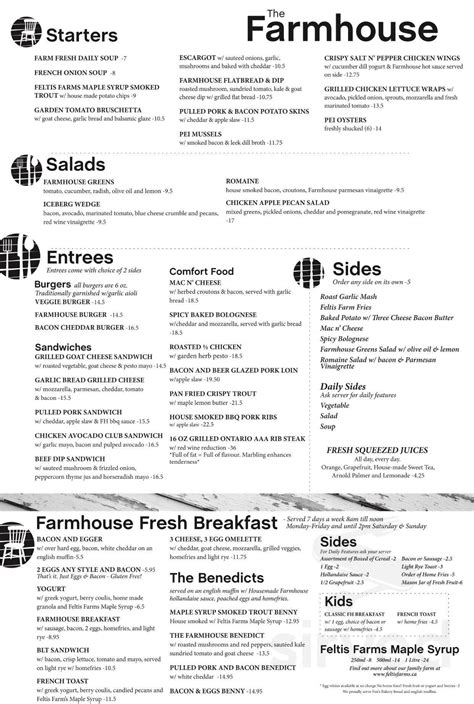 The Farmhouse menu in Barrie, Ontario, Canada