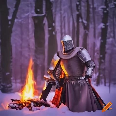 Fantasy painting of a knight by a campfire in a snowy forest