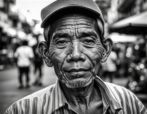 Portrait of a Filipino street vendor, travelling candid street photography, documentary style ...