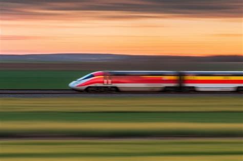 Premium AI Image | Dynamic moment of a high speed train passing country side at sunsetmotion ...