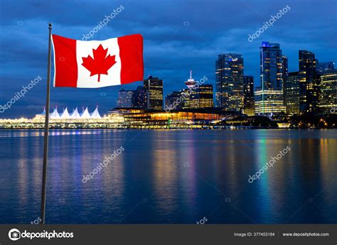 National Canadian Flag with Modern Downtown City in Background – Stock ...