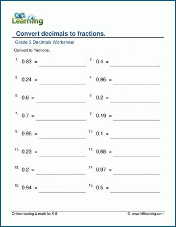 Convert decimals to fractions worksheets | K5 Learning