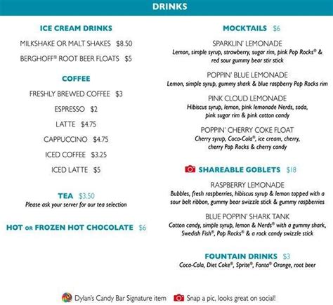 Menu at Dylan's Candy Bar, Chicago, 663 N Michigan Ave