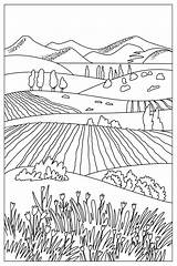 Coloring Book  Lovely Landscapemountains And Fields In The valley sketch template