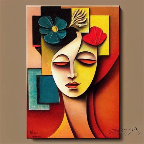 an abstract painting with a woman's face and flower in her hair, on a brown background
