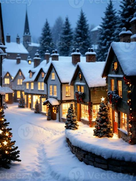 Photo Of Christmas Snowy Village With Lit Windows. AI Generated 31220227 Stock Photo at Vecteezy