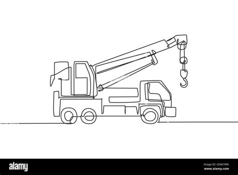 Single continuous line drawing of crane truck for building construction, business commercial ...