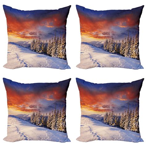 Winter Throw Pillow Cushion Case Pack of 4, Epic Cloudy Sky over Majestic Mountains and ...