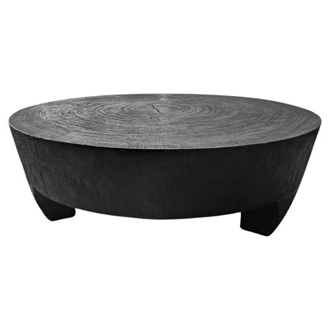 Solid Sculptural Suar Wood Round Table, Burnt Finish, Modern Organic ...
