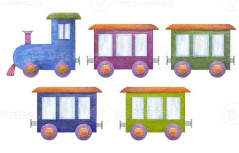 Kid wooden train. Blue train with colored wagons, carriages. Child Toys ...