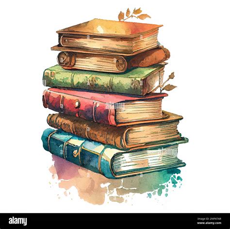 Stack of old vintage books hand drawn color watercolor illustration learning Stock Photo - Alamy