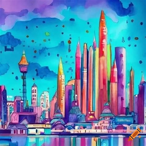 Colored pencil drawing of futuristic cityscape on Craiyon