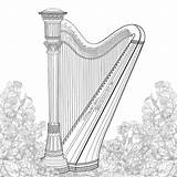 Coloring Page Ornate Harp Surrounded By Detailed Floral Arrangements  sketch template