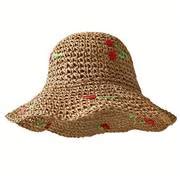 Crochet Cherry Ruffles Sun Hats Vintage Wide Brim Straw Bucket Hat Solid Color Hollow Out ...