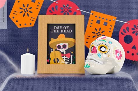 Premium PSD | Day of the dead photo frame mockup, front view