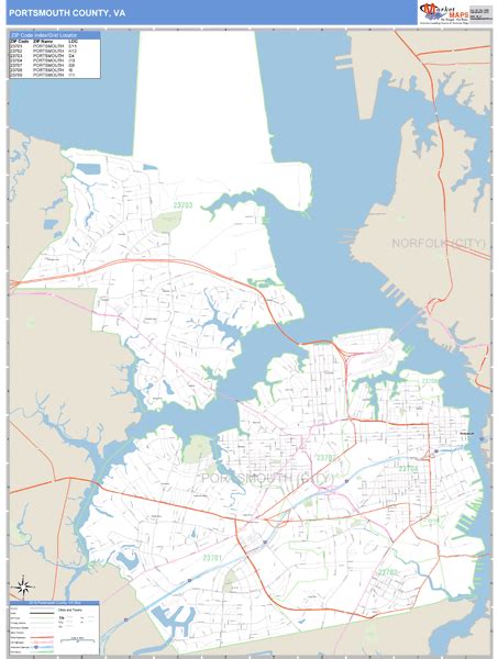 Portsmouth County, VA Wall Map Basic Style by MarketMAPS