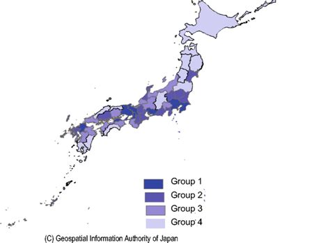 Four prefecture groups of Japan classified by population density: group ...