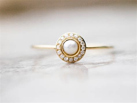 White pearl wedding ring with diamonds in 14k gold, pearl engagement ...