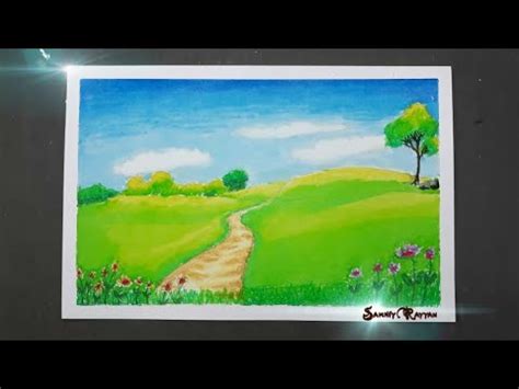 Easy Drawing landscape a meadow with crayons | Meadow scenery - YouTube