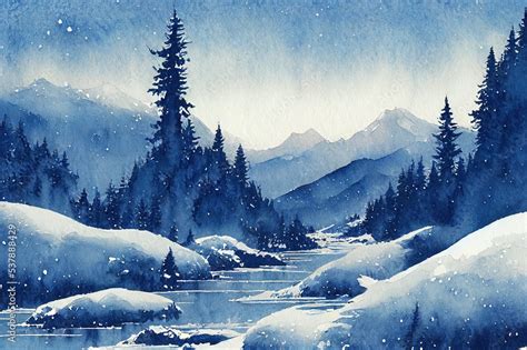 hand drawn watercolor painting winter mountain scenery. landscape ...