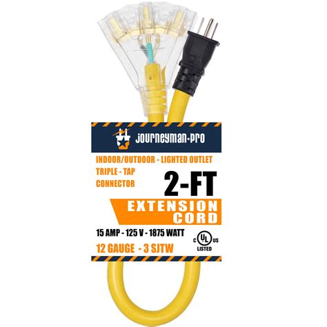 Lighted Outdoor Extension Cord 2ft Triple-Tap 3 Way Splitter 15 AMP 12 ...