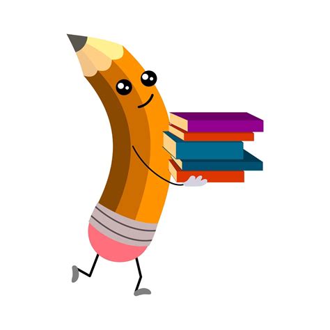 A happy cartoon pencil is running with books in his hands. The ...