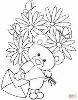 Teddy Bear With Flower Bouquet coloring Page  Free Printable Coloring sketch template