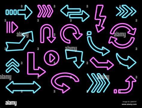 Glowing neon signs, arrows and pointers. Glowing blue and violet light retro pointers, user ...