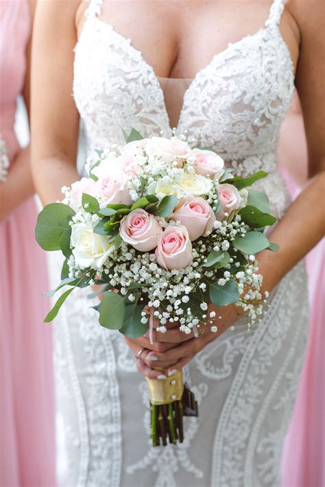 Blush Pink and White Roses with Baby's Breath and Eucalyptus Greenery Wedding Bridal Bouquet ...