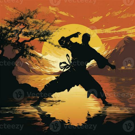 AI generated Silhouette of martial arts kung fu man standing. Shaolin master illustration ...