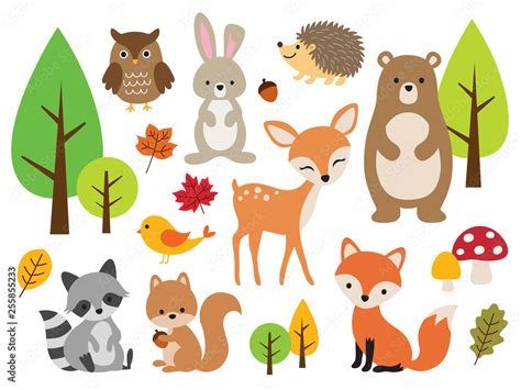 Vector illustration of cute woodland forest animals including deer, rabbit, hedgehog, bear, fox ...