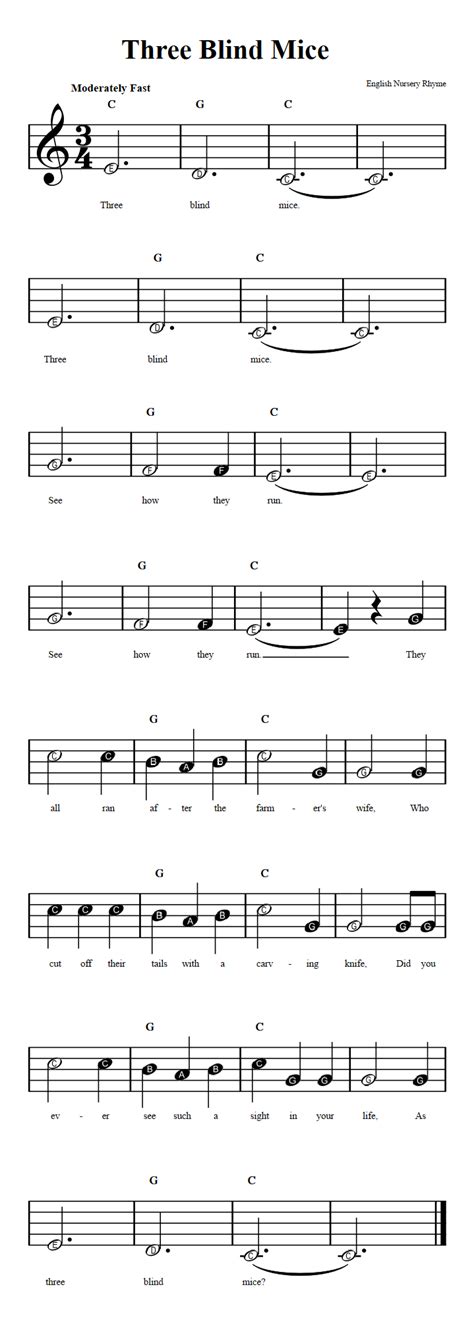 Three Blind Mice: Beginner Sheet Music with Chords and Lyrics