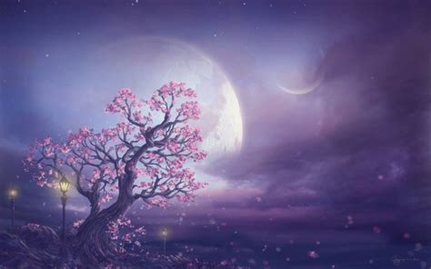 Pink Moon Sky Art | Fairy wallpaper, Cherry blossom painting, Pink moon ...