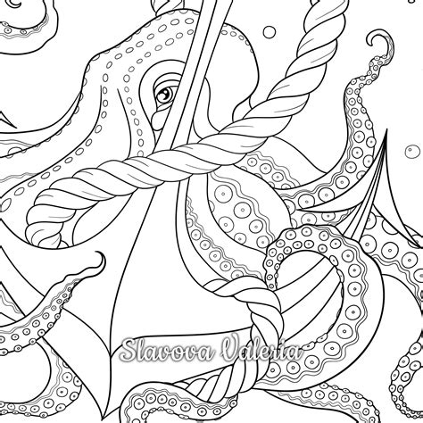 Octopus and Anchor Coloring Page, Ocean Theme Coloring Page, Kids ...