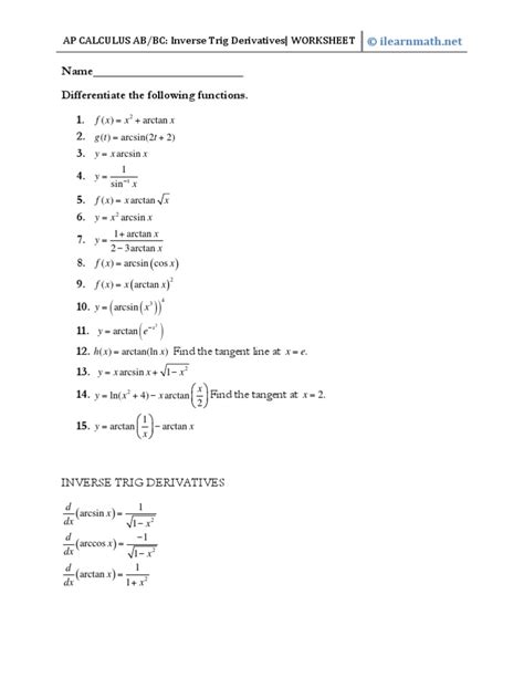 Inverse Trig Derivatives - Worksheet - 2010 - 2011 - Ap Calculus Ab/bc | PDF