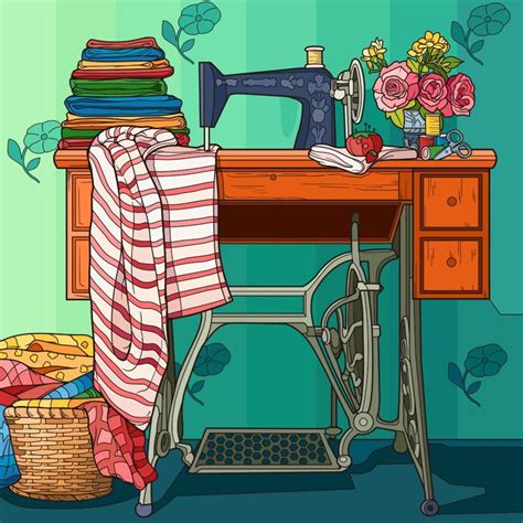 a sewing machine sitting on top of a wooden table next to a basket with flowers