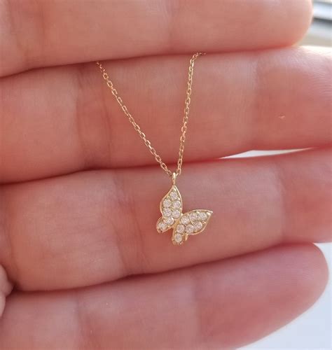 Butterfly Necklace, 14K Solid Yellow Gold Butterfly Necklace, Diamond CZ Dainty Butterfly ...