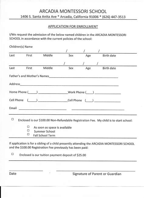 Enrollment Form - Arcadia Montessori School