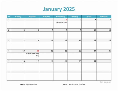 Free Download 2025 Excel Calendar large boxes in the grid (horizontal)