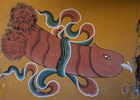 Phallus symbols painted on traditional houses in the Village of Sopsokha, Punakha District ...