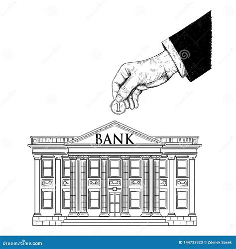 Vector Drawing of Hand of Businessman Putting Coin in Classic Bank ...