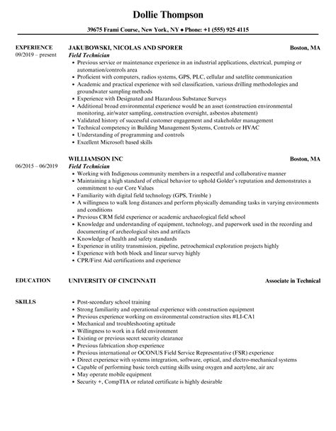 Field Technician Resume Samples | Velvet Jobs