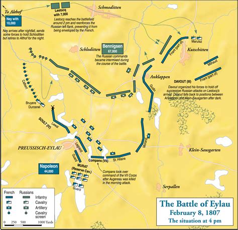 The Battle of Eylau, 1807 - Situation About 4pm, 8 February | Map, Napoleonic wars, Napoleon