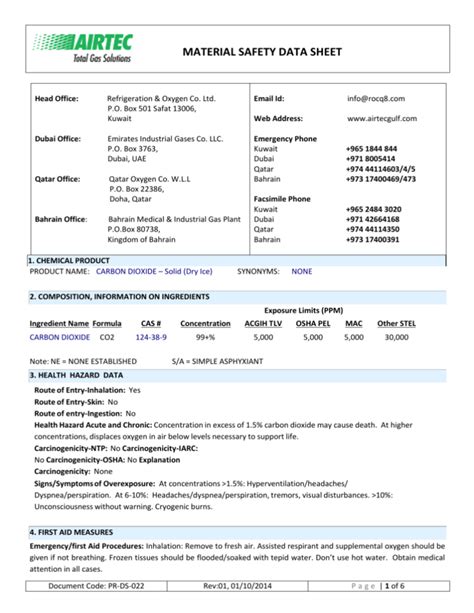 Dry Ice (Solid Carbon Dioxide, CO 2 ) SDS