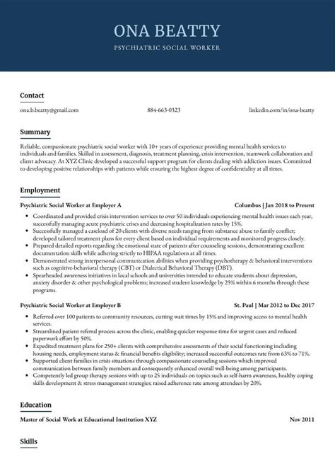 Psychiatric Social Worker Resume (CV) Example and Writing Guide