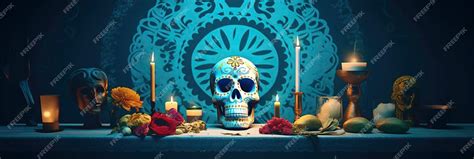 Premium Photo | Generative ai day of the dead skull altar vividblue background