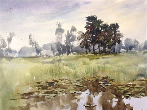 Lotus Pond Landscape View | Watercolor Painting by Madhusudan Das ...